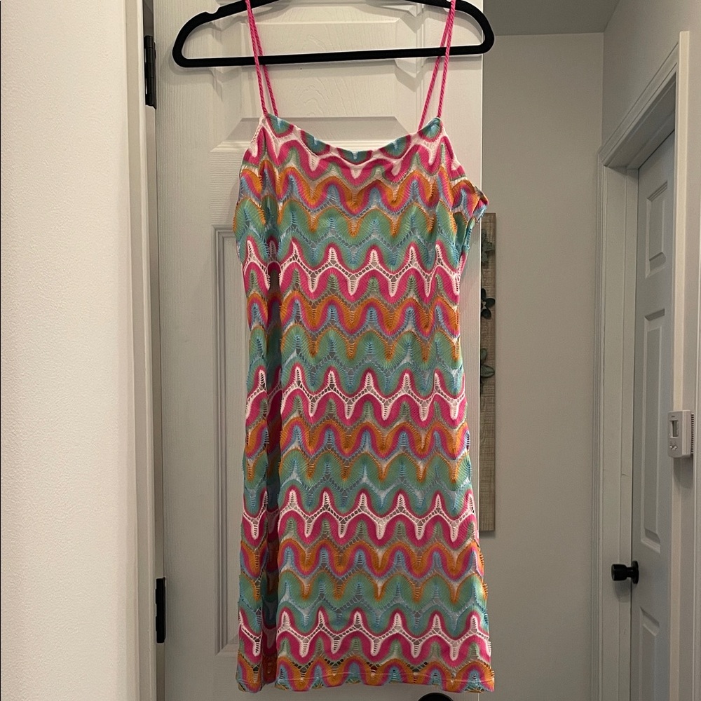 Gianni Bini Pink, Blue, and Orange Wave Mini Dress sz L